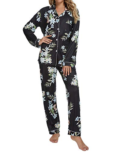 TOP-VIGOR Pajamas Set for Women Button-Down Long Sleeve Sleepwear Floral Print Top & Pants Soft Nightwear 2 Piece Pj Sets Lounge
