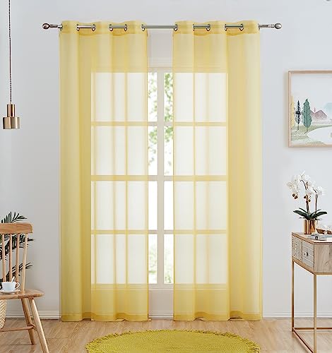 July Joy Yellow Semi Linen Look Sheer Curtains for Bedroom, Living Room Grommet Light Filtering Solid Voile Window Curtains, Set of 2 Panels, 42 x 84 inch