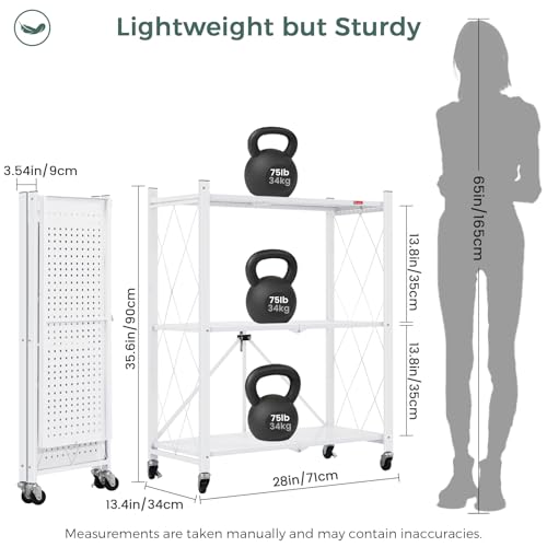 Image of DEANIC 3 Tier Foldable Storage Shelves with Wheels, Kitchen Appliance Stand, Freestanding Metal Wire Shelf Rack, No Assembly Organizer Rolling Cart for Garage, Basement, Pantry(White)