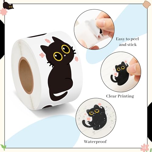 Image of Black Cat Sticker Roll - 1000 Pcs Cute Black Cat Flower Waterproof Vinyl Reusable Laptop Stickers Coloring Book Scrapbook Water Bottle Page Activity Pad Birthday Party Favors Kids Skateboard