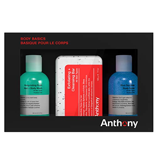 Anthony Body Basics Kit, Set Includes 3.4 fl oz Invigorating Rush Hair & Body Wash, 7 oz Exfoliating + Cleansing Bar, 3.4 fl oz Blue Sea Kelp Body Scrub