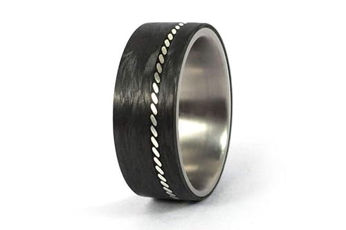Men's titanium ring with silver and carbon fiber inlay. Unique wedding band. Water resistant, very durable and hypoallergenic. (01601_8N)