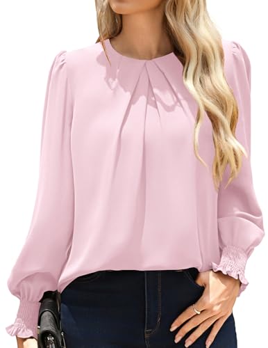 Long Sleeve Pink Blouses for Women, Pleated Work Office Chiffon Tops, Dressy Business Casual Outfits M
