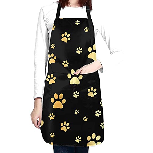 Perinsto Golden Dogs Paws Waterproof Apron with 2 Pockets Cute Pet Animal Footprints Kitchen Chef Aprons Bibs for Grooming Cooking Baking Painting Gardening