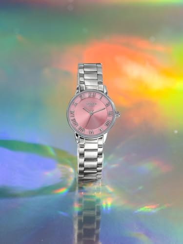 Image of Sonata Poze 6 Chrome Calling Quartz Pink Round Dial Women's Watch | Stainless Steel Strap Material | Watches for Women Analog - SP80128SM01