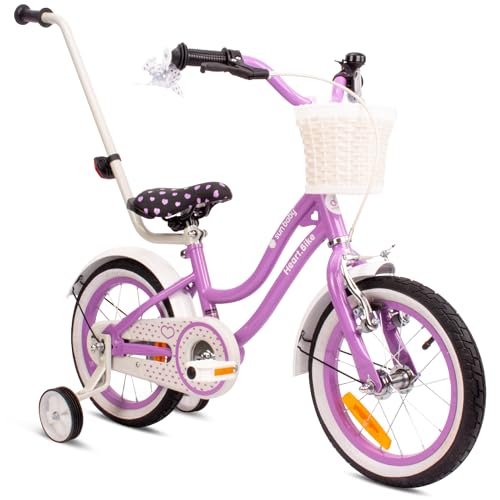 sun baby Bicicleta para niñas Heart Bike, tamaño de Rueda 12 14 16 Pulgadas, con Barra de Empuje Desmontable, Bicicleta Infantil para niñas de 2 a 6 años (14 Pulgadas, Morado)
