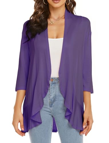 Image of YnimioAOX Women's Cardigan Lightweight Open Front 3 /4 Sleeves Draped Ruffles Knit Cardigan Sweaters