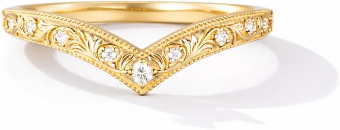 Engraved Solid Gold Curved CZ DIamond Wedding Band Vintage Leaf Engraving Vine Couples Ring Alternative Fine Stacking Jewelry Engagement Gift Ring