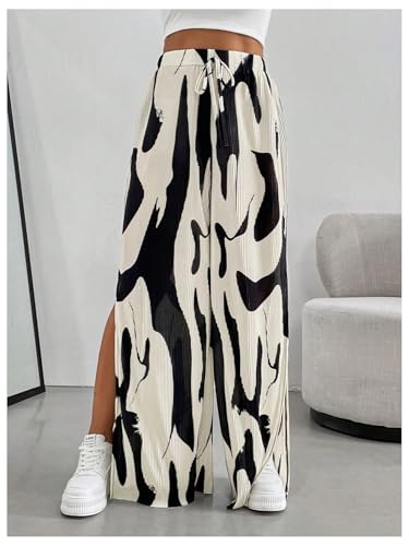 OYOANGLE Women's All Over Print High Split Pleated Long Pants Elastic High Waist Wide Leg Casual Trousers3