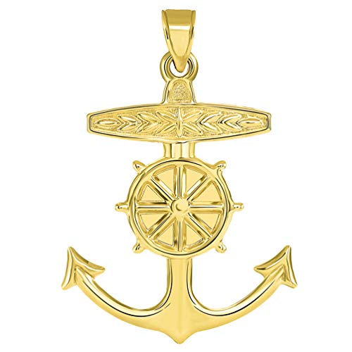 14K Yellow Gold 3D Ship Anchor And Wheel Nautical Pendant #TOP18