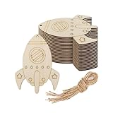 20pcs Rocket Wood DIY Craft Cutout Wooden Rocket Shaped Hanging Ornaments with Hole Hemp Ropes Wood Tags Perfect for Baby Shower Outer Space Themed Birthday Party Decorations
