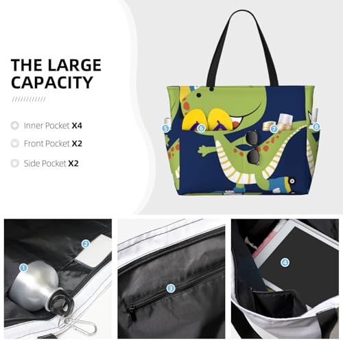 Dino Playing Roller Skate Print Beach Pool Bags Tote For Women Ladies Large Gym Tote Carry On Bag For Weekender Travel Waterproof3