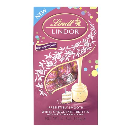 Image of Lindt LINDOR Birthday Cake White Chocolate Truffles, White Chocolate Candy with Smooth, Melting Truffle Center, 5.1 Ounce Bag (Pack of 3)