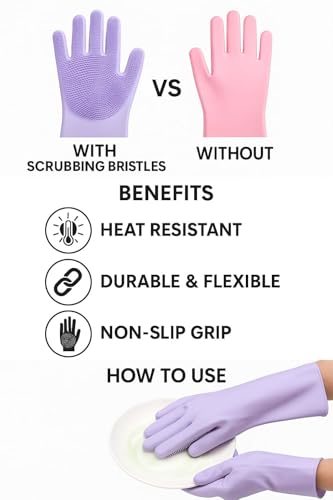 Image of Gloves Magic Silicone Dish Washing Gloves, Silicon Cleaning Gloves, Silicon Hand Gloves for Kitchen Dishwashing and Pet Grooming, Great for Washing Dish, Car, Bathroom (Purple)