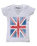 Shop4Ever Vintage Union Jack British Flag Women's V-Neck T-Shirt United Kingdom Flag Shirts Slim FIT