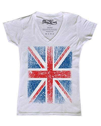 shop4ever Vintage Union Jack British Flag Women's V-Neck T-Shirt United Kingdom Flag Shirts Slim FIT