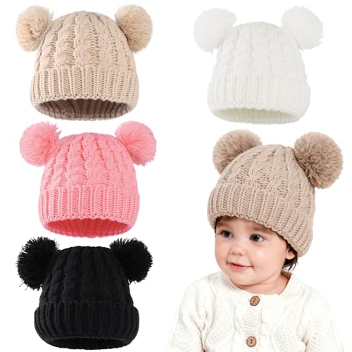 4 Pcs Knitted Winter Hat for Little One, Double Pom Beanie with Soft Knit Fabric, Warm and Breathable, Fits 0–3 Years, Cozy Cold Weather Hat for Little One, Multiple Colors Multicolor