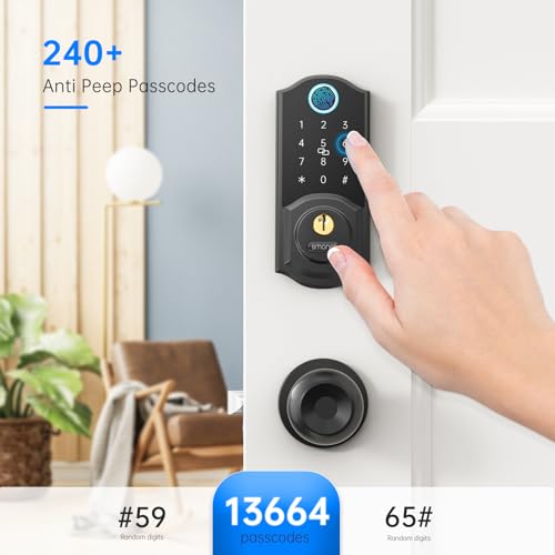 Keyless Entry Door Lock with Handle Set - SMONET Fingerprint Front Door Deadbolt Set with Knobs, Smart Digital Bluetooth Keypad Lockset with Auto Lock, APP, Fobs, Code for Rental, Home, Black