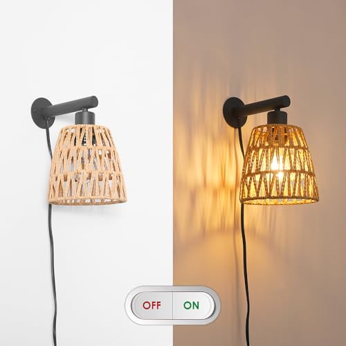 Image of Boho Plug in Wall Sconce Set of 2 - Black Farmhouse Wall Lights with Rattan Shade | Bedroom & Living Room Plug in Wall Lamps for Sofa (5.9FT On /Off Switch Cord)