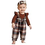 Guodeunh Newborn Baby Girl Plaid Outfits Long Sleeve Ruffle Jumpsuit One Piece Romper Infant Fall Winter Clothes with Headband (Brown,0-3 Months)