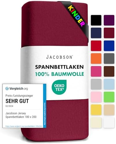 Jacobson Jersey Spannbettlaken Spannbetttuch Baumwolle Bettlaken (60x120-70x140 cm, Bordeaux)