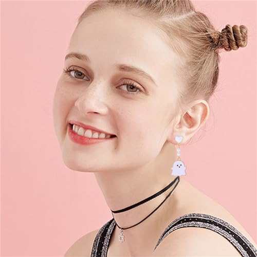 coadipress Halloween Earrings for Women Cute Funny White Blue Pink Ghost Love Heart Pearl Dangle Drop Earrings Creative Halloween Party Cosplay Costume Jewelry Gifts2