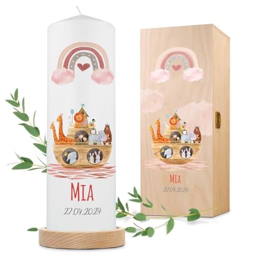 GRAVURZEILE Bedruckte Kerze - Taufkerze Arche Regenbogen - brilliant bedruckte Kerze zur Taufe - Personalisiertes Taufgeschenk für Mädchen & Jungen - Hochwertige Stumpenkerze 250/80 mm - Farbe: Rosa