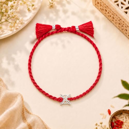Image of AIRA 925 Sterling Silver Premium Designer Bracelet Rakhi for Brother | Handmade Raksha Bandhan Sacred Thread with Silver-Tone Geometric Charm & Adjustable Red Braided Cord | Traditional Festival Rakhi Gift