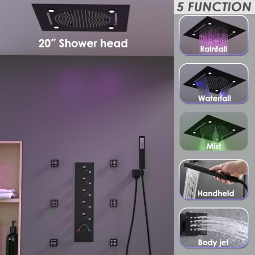 Sistema de ducha termostática de cuerpo entero Enga con LED y jets corporales, cabezal de 20 pulgadas con 3 funciones (lluvia, niebla, cascada), juego de grifería de ducha de lujo en negro mate miniatura 2