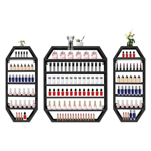 Wall Mounted Nail Polish Display Rack, 3-Piece Wave Design Nail Polish Organizer Shelf, Multi-tiers Display Rack for Placing Cosmetic Bottles, Perfumes, Lipsticks, Vases, Eyeglasses in Salons（Black