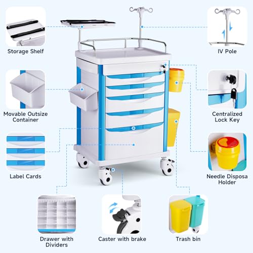 DeerPlanet Medical Carts with Wheels, 5-Tier Storage, Adjustable IV Pole, Silent Casters, Trash Bins, O2 Holder, Needle Disposal Holder & CPR Board, Rolling Medical Cart for Hospital Salon Lab Clinic