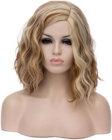 BERON 14" Women Girls Short Curly Bob Wavy Wig Body Wave Halloween Cosplay Daily Party Wigs (Blonde Brown)