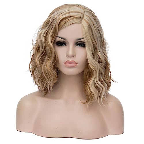 Beron 14" Women Girls Short Curly Bob Wavy Wig Body Wave Halloween Cosplay Daily Party Wigs (Blonde Brown) #TOP27