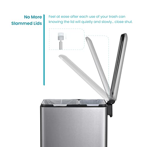 Home Zone Living 13 Gallon Slim Kitchen Trash Can with Dual Compartments for Trash and Recycling, Soft Close Lid, Step Pedal, Stainless Steel, Silver, Gen 1