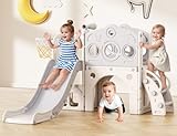 Babytronic Toddler Slide, 8 in 1 Kids Slide with Basketball Hoop, Telescope and Climber, Baby Slide Toddler Playground, Indoor Outdoor Playset for Toddlers Age 1-3, Kids Indoor Playground (White&Gray)