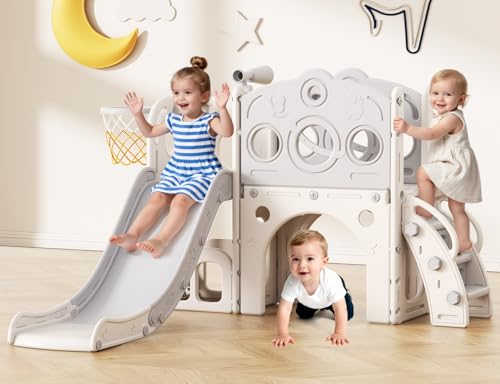 Babytronic Toddler Slide, 8 in 1 Kids Slide with Basketball Hoop, Telescope and Climber, Baby Slide Toddler Playground, Indoor Outdoor Playset for Toddlers Age 1-3, Kids Indoor Playground (White&Gray)