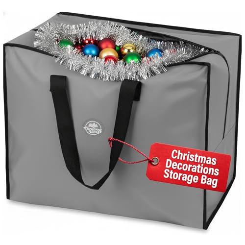 Christmas Village Premium Christmas Decoration Storage Bag - Durable Christmas Storage Bag with Double Zipped & Handles for Wreath, Baubles, Lights, Tinsel (Grey, Decoration Storage)