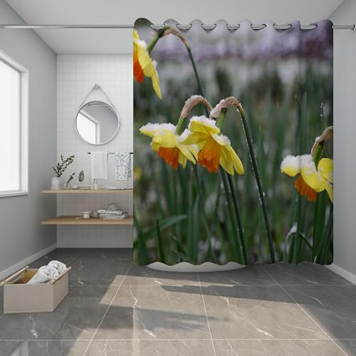 LANDERSION Rideau de Douche à Fleurs Jaunes pour décor de Salle de Bain Narcisse Fleur d’Hiver Feuilles Vertes Accessoires de Baignoire Tissu imperméable...