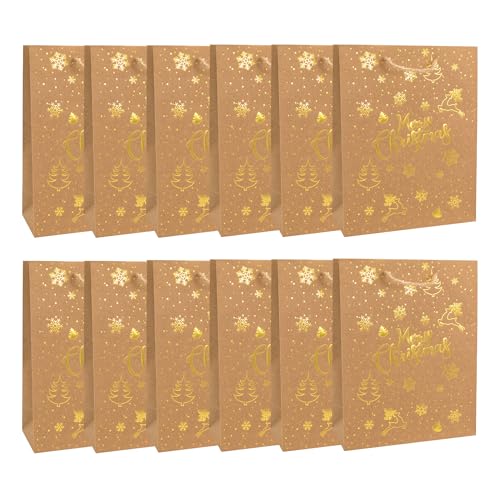 Idena 30486-12 - Geschenktüten Weihnachten, 12 Stück, Geschenktaschen in der Größe 18 x 23 cm Papiertüten in Braun mit goldenen Weihnachtsmotiven