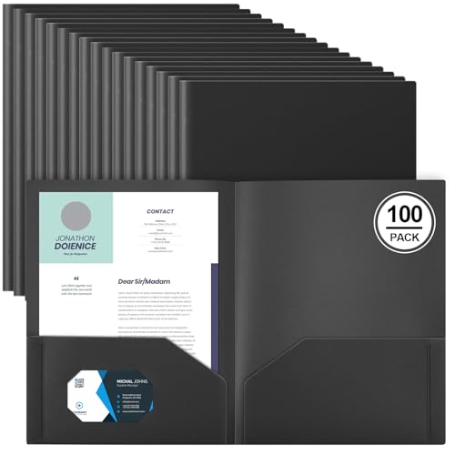 Gueevin 100 Pcs Two Pocket Folders Bulk Plastic File Folder with 2 Pockets Letter Size Paper Heavy Duty Durable Portfolios Case for Home Office School Business 11.61 x 9.45 Inch (Black)