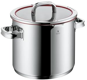 WMF Function 4 Gemüse- Suppentopf Induktion 24cm, Glasdeckel, Kochtopf groß 8, l, Cromargan Edelstahl poliert, 4 Abgießfunktionen, Innenskalierung, Nudeltopf rot