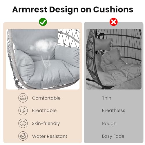 FansaFurn Hanging Egg Chair, Swing Chair with Stand, Hammock Chair IndoorPatio Boho Wicker 350lbs Capacity, Swing Chair for Bedroom Garden, Balcony, Beige &Gray