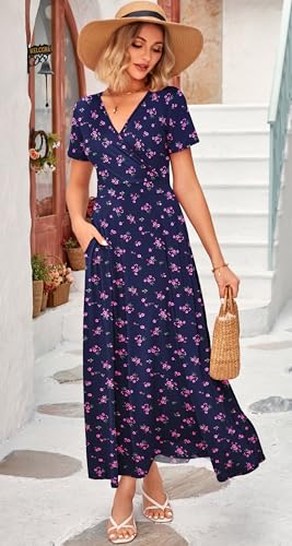 Image of WNEEDU Women's Summer Maxi Dress Short Sleeves Wrap V Neck Long Dresses with Pockets