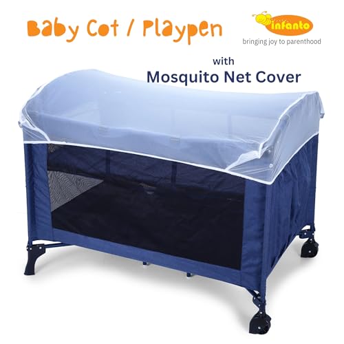 Image of Infanto Portable Baby Playpen Cum Cot with Travel Bag | Easy Fold Compact Design | 2 in 1 Functionality Crib | Double Layer Pad | Breathable Mesh Baby Bedside Crib with Playpen for Babies | Blue