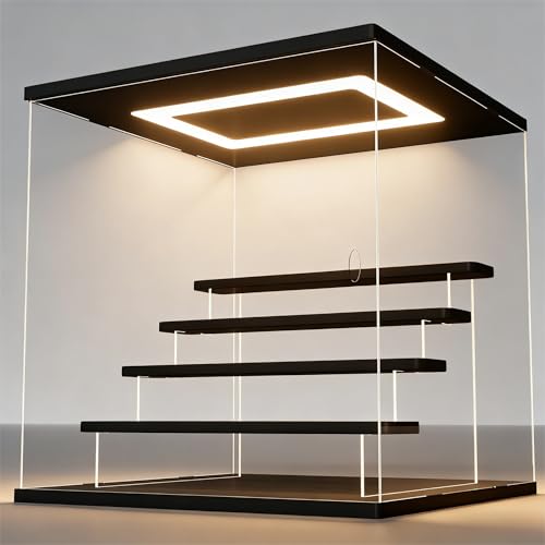 Image of Sheenory Clear Acrylic Display Case with LED Light, 5 Tier Dustproof Showcase for Collectibles, Figures & Model Cars, Stackable Display Box (Black, 12x12x12 in)