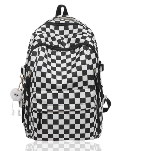 Checkered Backpack with Kawaii Pendant for Women, Checkerboard Aesthetic Bookbag for Teens, Nylon Rucksack, Daypack Bag