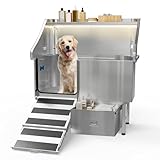 HotFeed 50'' Dog Washing Station - 304 Stainless Steel, LED Dog Bathing Station with Ramp, 2 Drawer, Floor Grate & Lick Pad for Large, Medium & Small Dogs