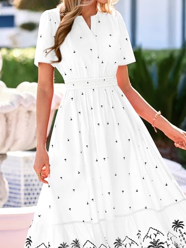 BTFBM Summer Dresses for Women 2026 Casual V Neck Short Sleeve Flowy Wedding Guest Beach Vacation Floral Boho Maxi Dress(White Black Flower, Large) — view 6