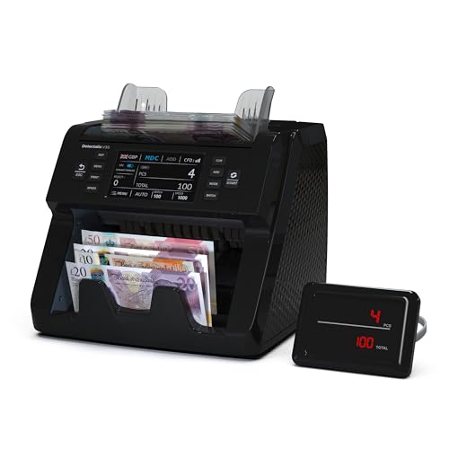 Detectalia V30 Banknote Counter and Counterfeit Detector with Dual CIS, 4.5” Touchscreen + External Display, Serial Number Reading, Multi-Currency Mixed Counting, 1200 Notes/Minute, USB