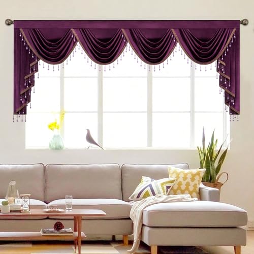 Leeva Extra Wide Purple Velvet Waterfall Valance, 110x43 Inches Luxury Swag, Elegant Window Treatment for Sliding Doors & Panoramic Windows, 1 Panel